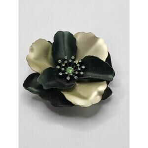 Vintage Enamel Flower Brooch Green Champagne Rhinestone Statement Pin